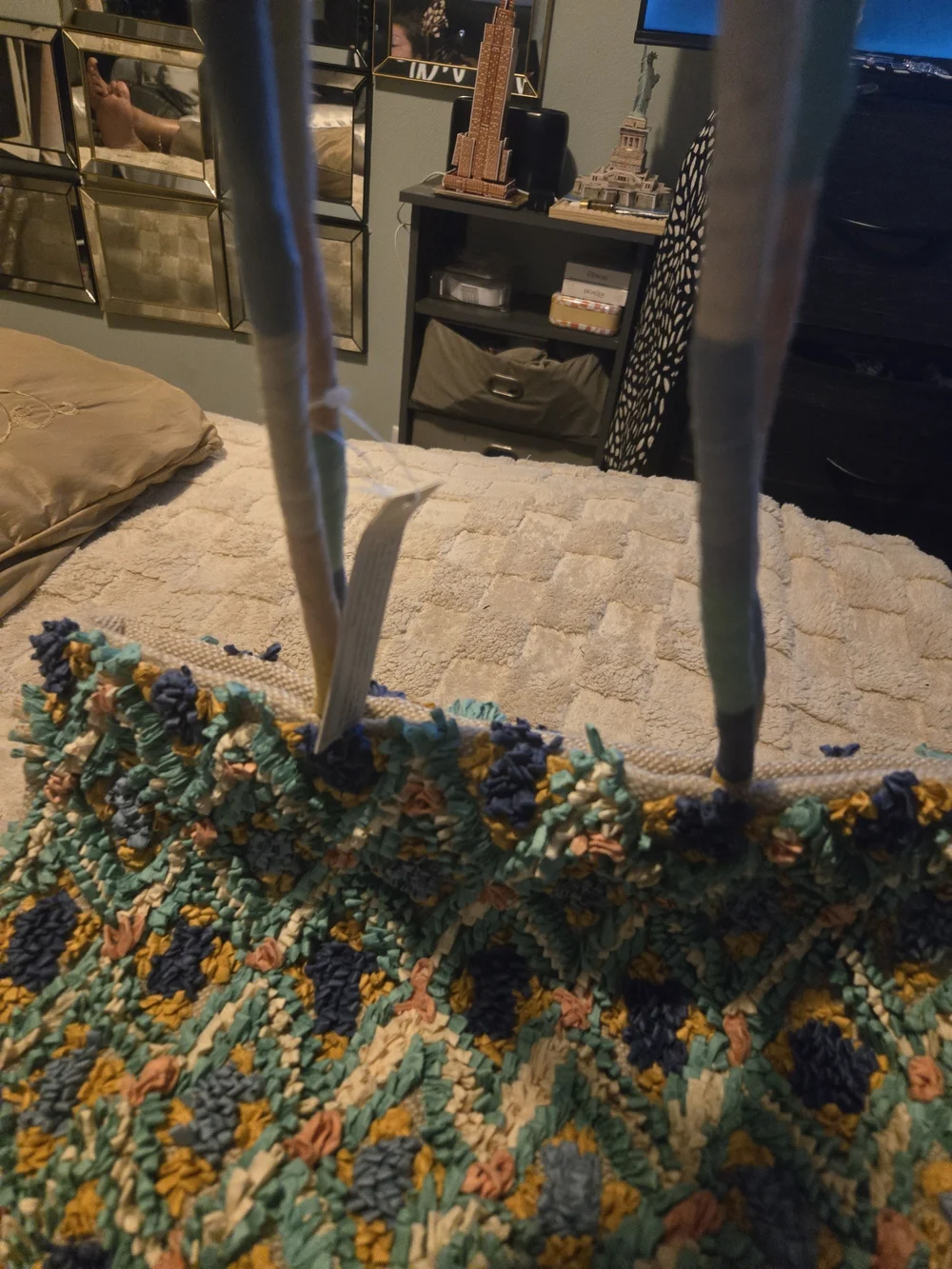 Crochet Diamond-Pattern Hobo Bag in Teal & Navy